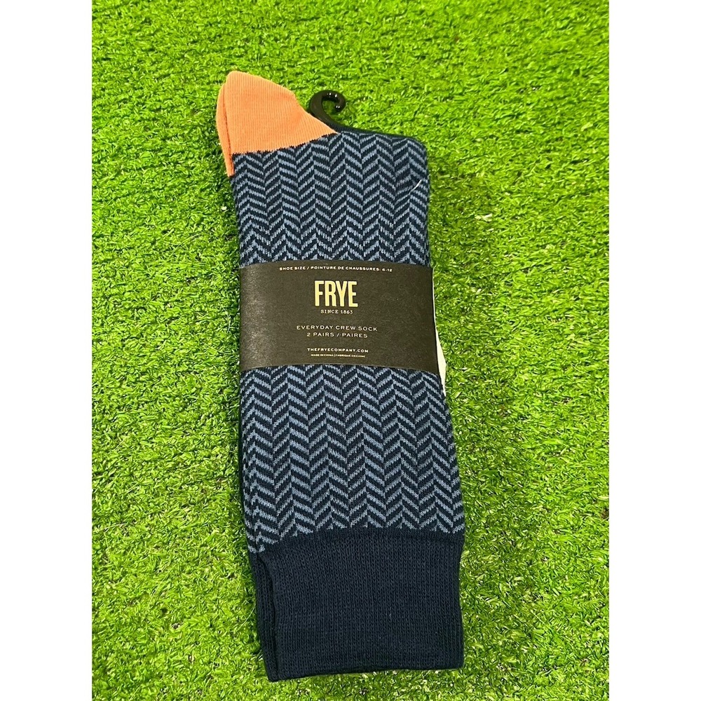 Frye Everyday Crew Socks Men's SZ 6-12 2 Pair Herringbone Blue NWT 100% Cotton